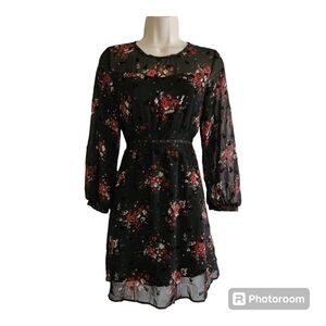 Zara Black Red Long Sleeve Floral Dress Size XS